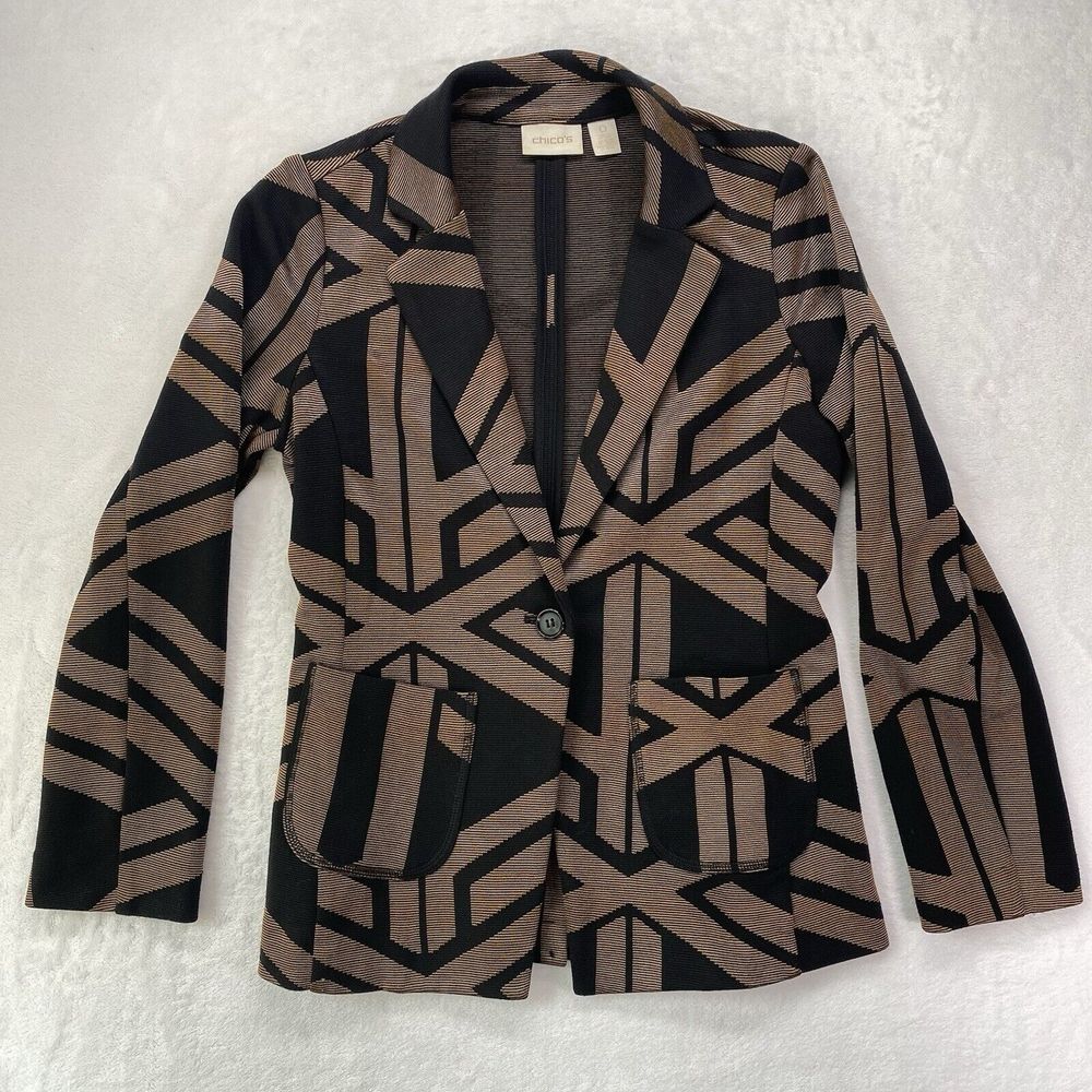Chico's Blazer Jacket‎ Womens Small Gold Black Career Geometric linear blazer